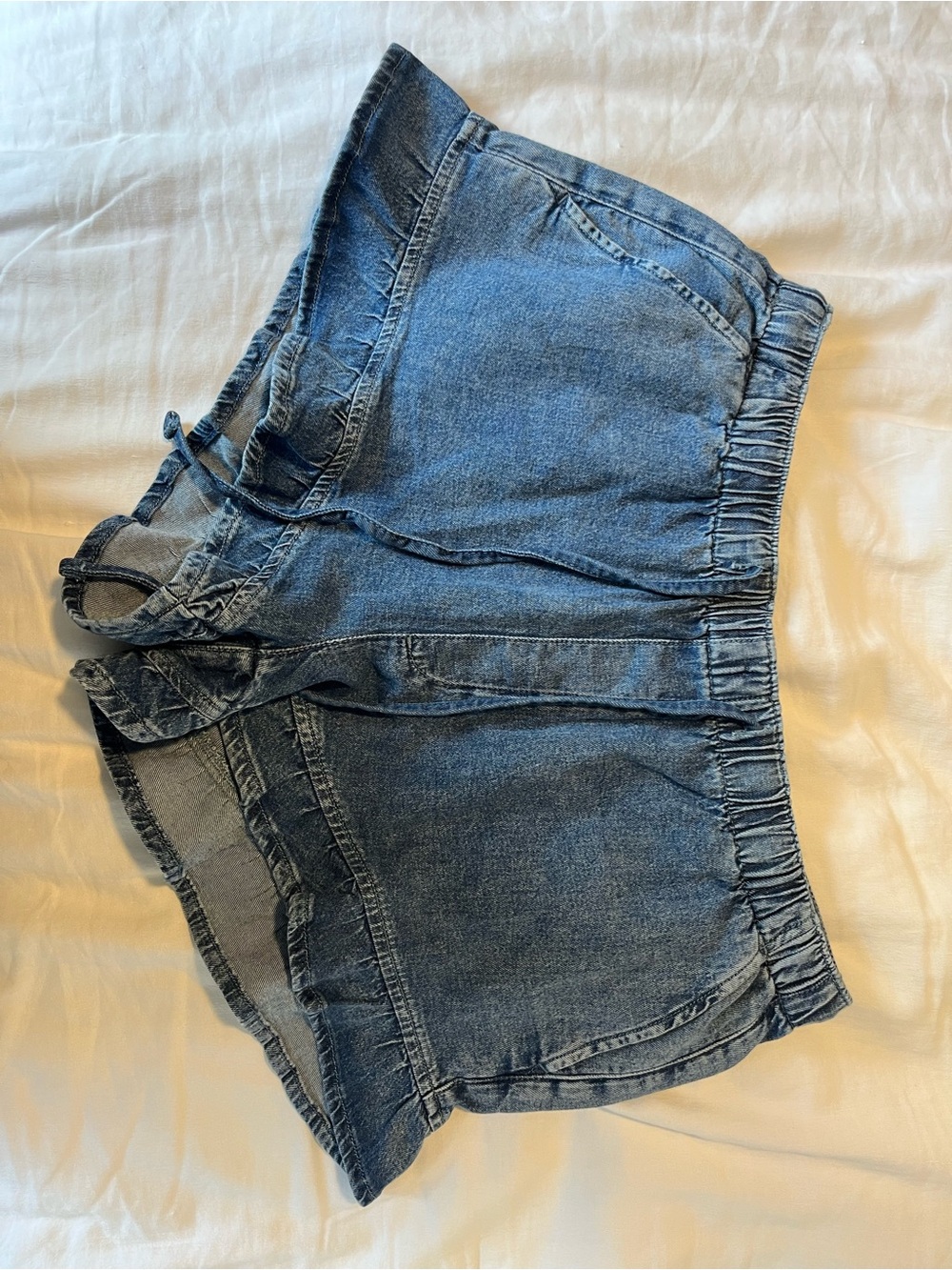 American Eagle Denim Ruffle-Hem Drawstring Shorts - Blue - Picture 2 of 5